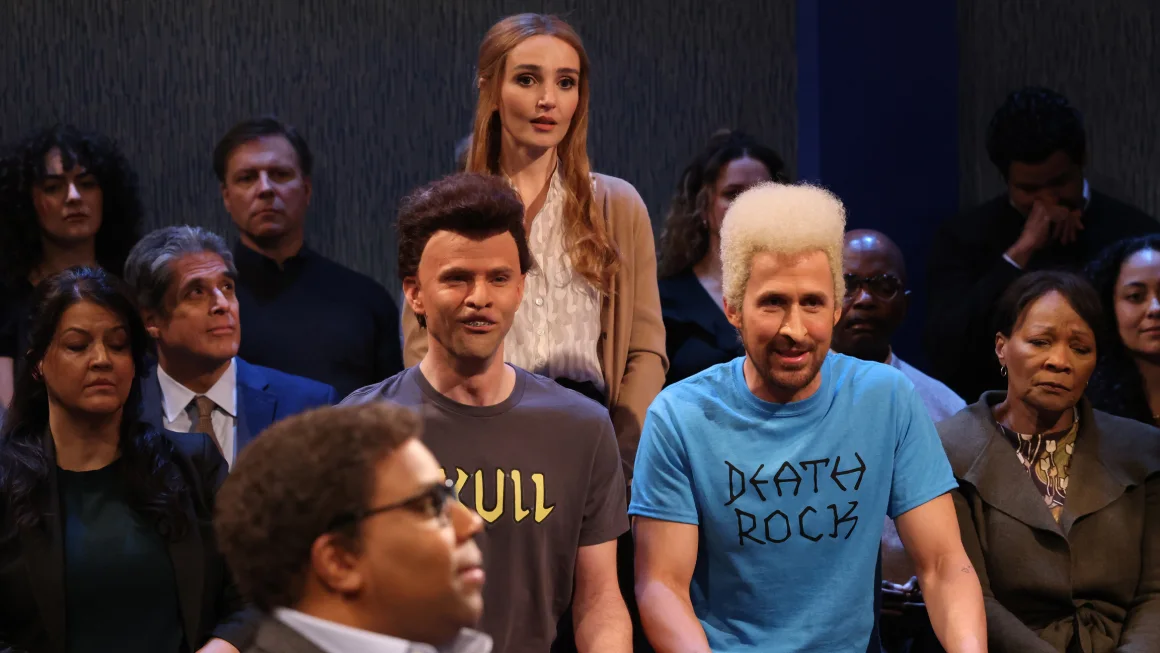 (From left) Kenan Thompson, Mikey Day, Chloe Fineman and host Ryan Gosling in the 'Beavis and Butt-Head' sketch on 'SNL' in April. WIll Heath/NBC